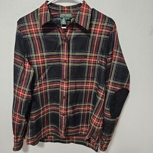 Vtg Lauren Jeans Co Wool Black Red Tartan Plaid Shirt Leather Elbow Patch Large